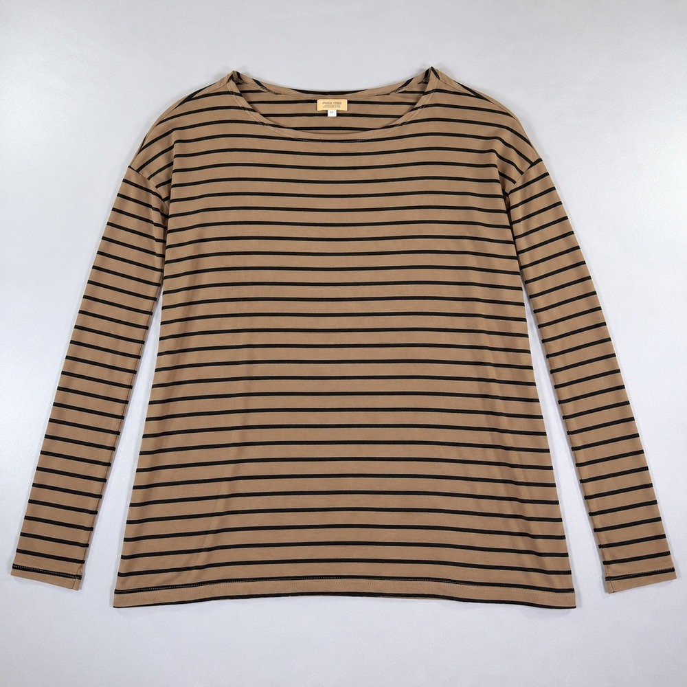 Piko M Tan Black Striped Long Sleeve Shirt Minimalist Preppy French Girl Classic